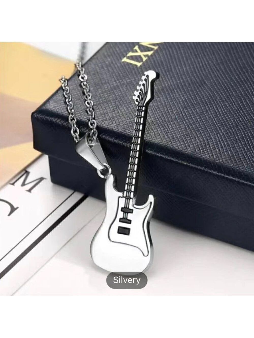 Silver Tone Electric Guitar Necklace and Pendant #620